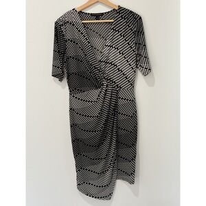 Banana Republic Dress Womens Small Black Polka Dot Twist Front Slinky Knit Midi‎